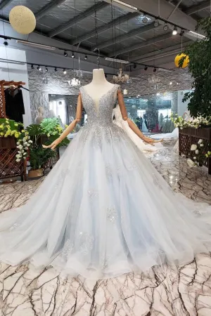 Ball Gown Deep V Neck Sleeveless Tulle Wedding Dress With Beading, Prom Dress N1671