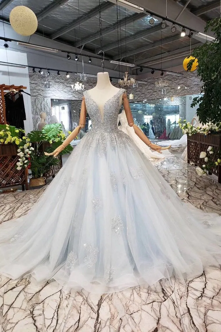Ball Gown Deep V Neck Sleeveless Tulle Wedding Dress With Beading, Prom Dress N1671
