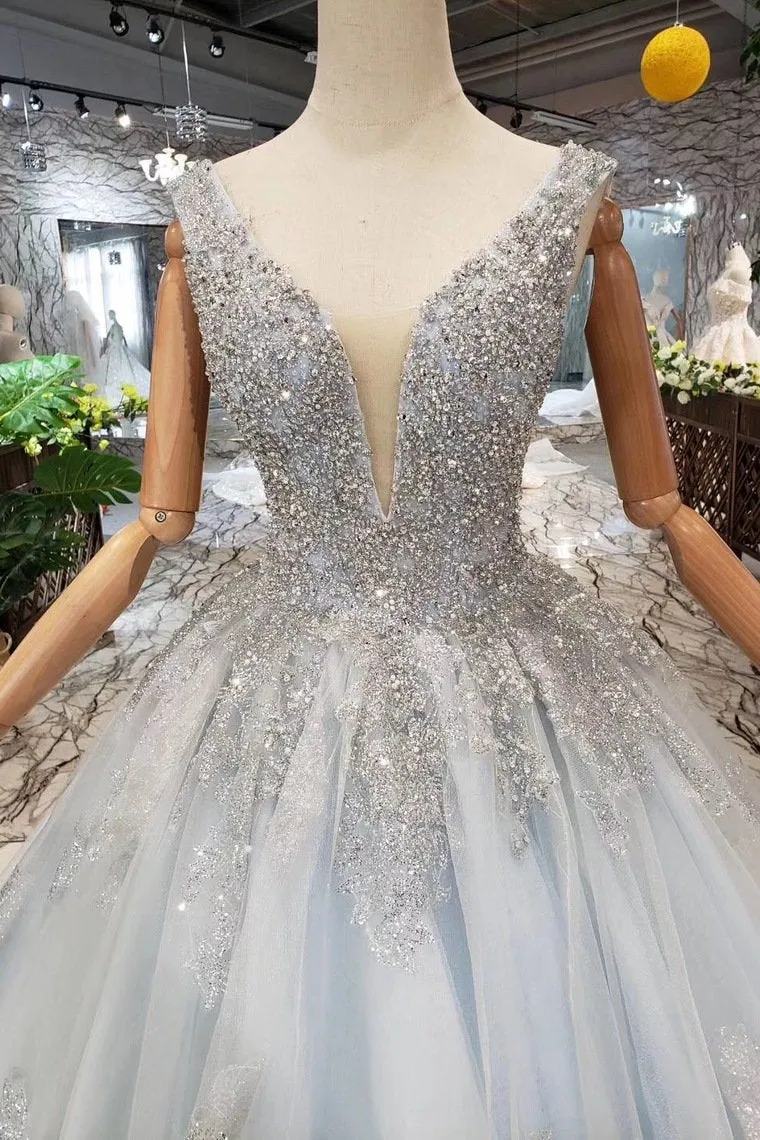 Ball Gown Deep V Neck Sleeveless Tulle Wedding Dress With Beading, Prom Dress N1671