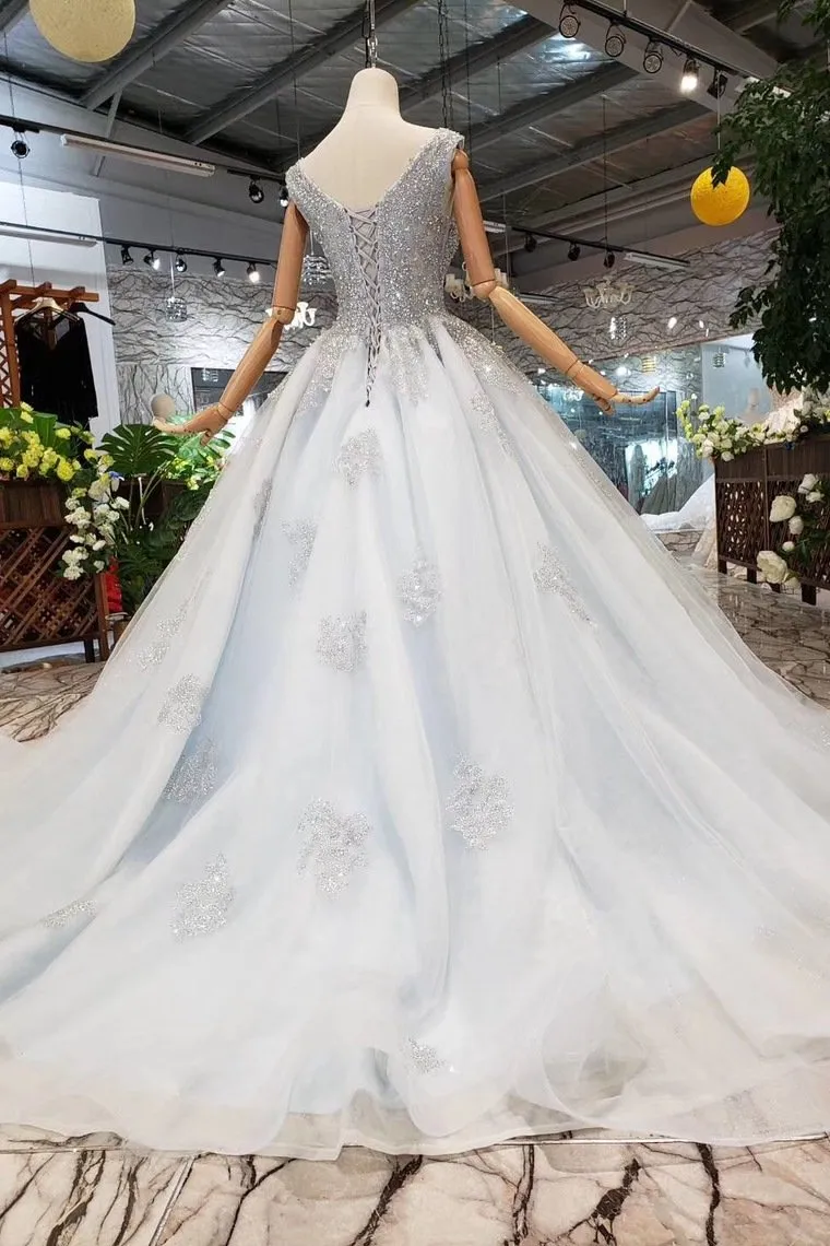 Ball Gown Deep V Neck Sleeveless Tulle Wedding Dress With Beading, Prom Dress N1671