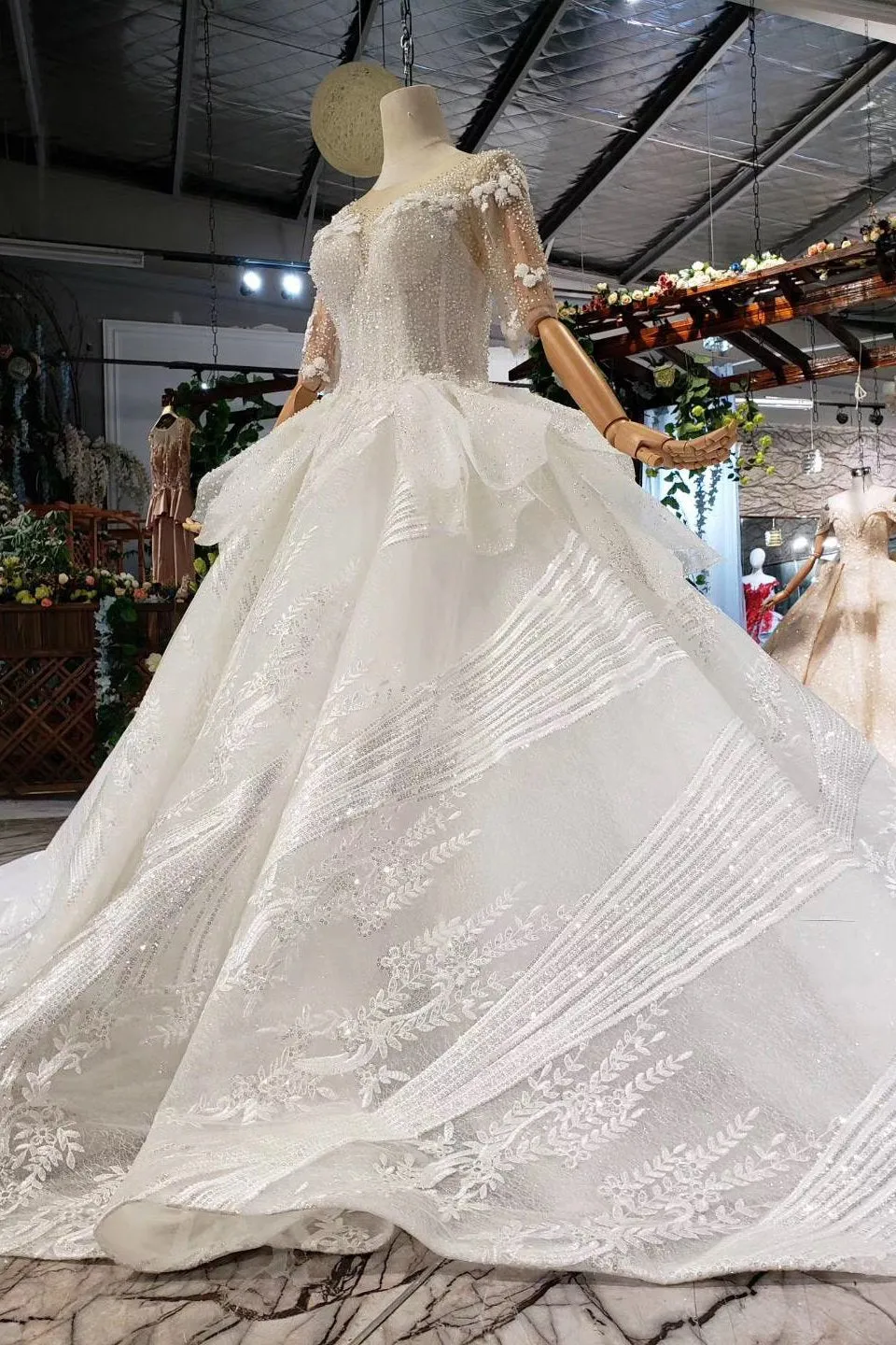 Ball Gown Half Sleeves Lace Bridal Dress With Sequins, Sheer Neck Long Wedding Dress N1970