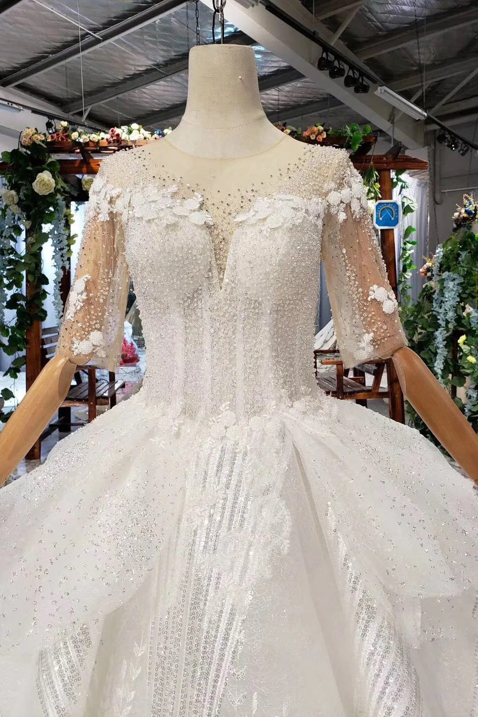 Ball Gown Half Sleeves Lace Bridal Dress With Sequins, Sheer Neck Long Wedding Dress N1970