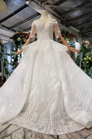 Ball Gown Half Sleeves Lace Bridal Dress With Sequins, Sheer Neck Long Wedding Dress N1970