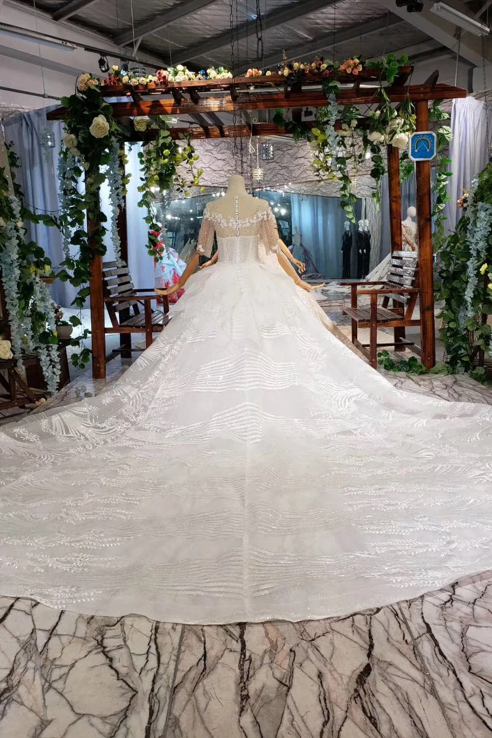 Ball Gown Half Sleeves Lace Bridal Dress With Sequins, Sheer Neck Long Wedding Dress N1970