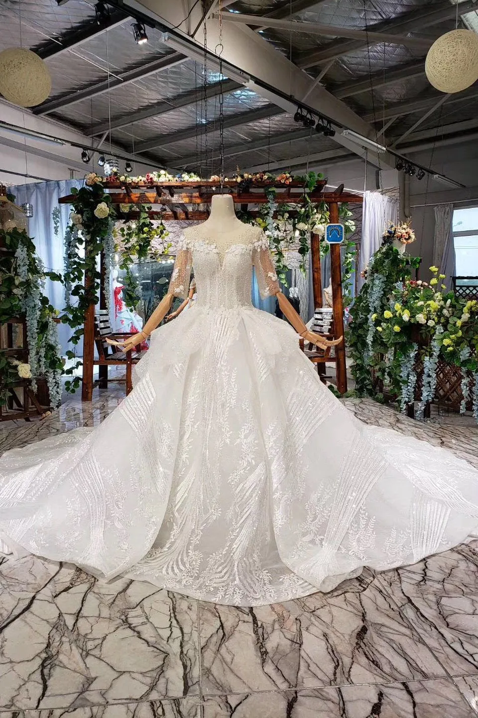 Ball Gown Half Sleeves Lace Bridal Dress With Sequins, Sheer Neck Long Wedding Dress N1970
