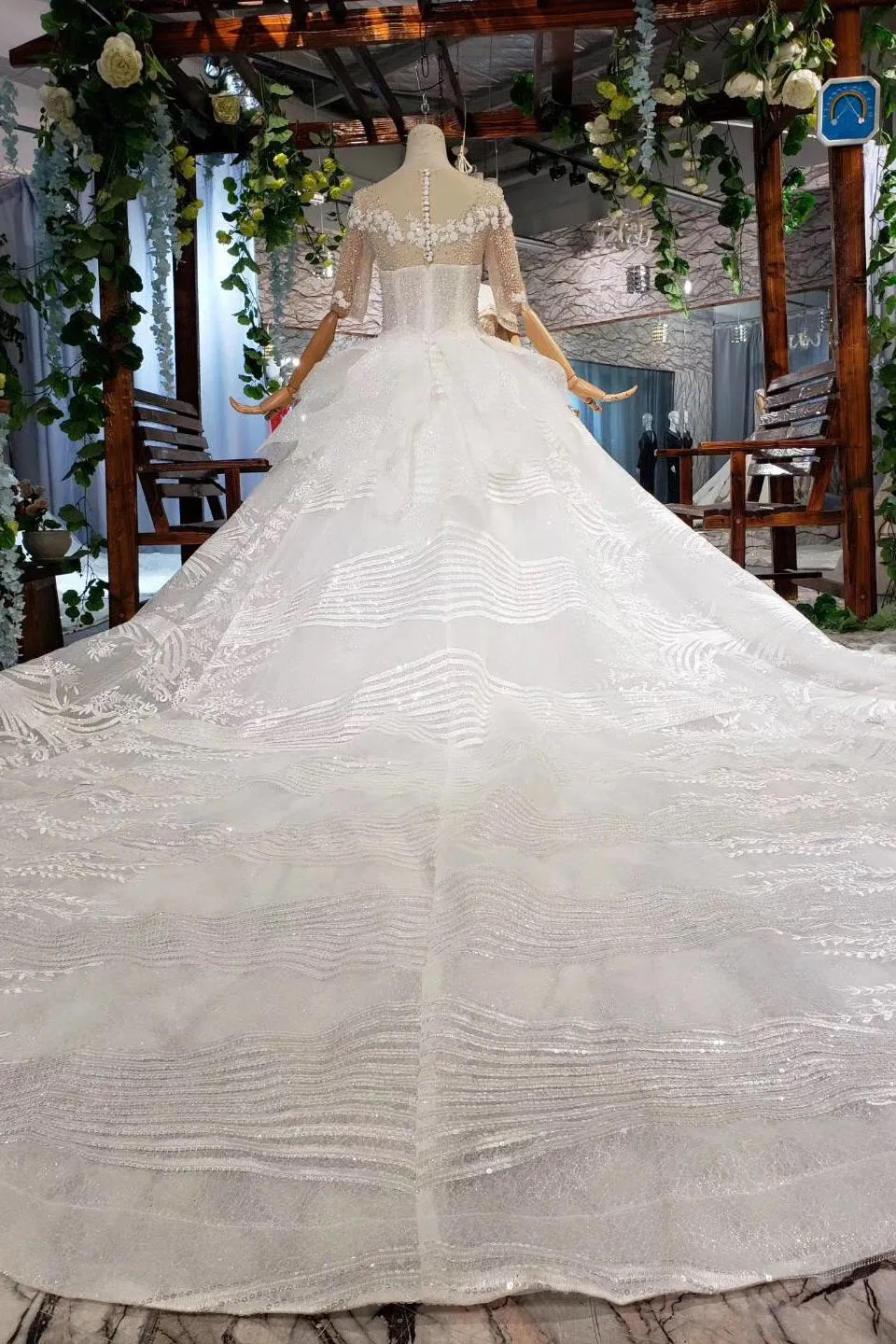 Ball Gown Half Sleeves Lace Bridal Dress With Sequins, Sheer Neck Long Wedding Dress N1970