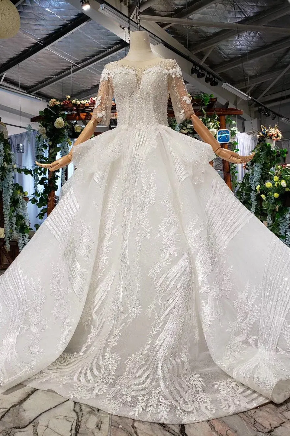Ball Gown Half Sleeves Lace Bridal Dress With Sequins, Sheer Neck Long Wedding Dress N1970