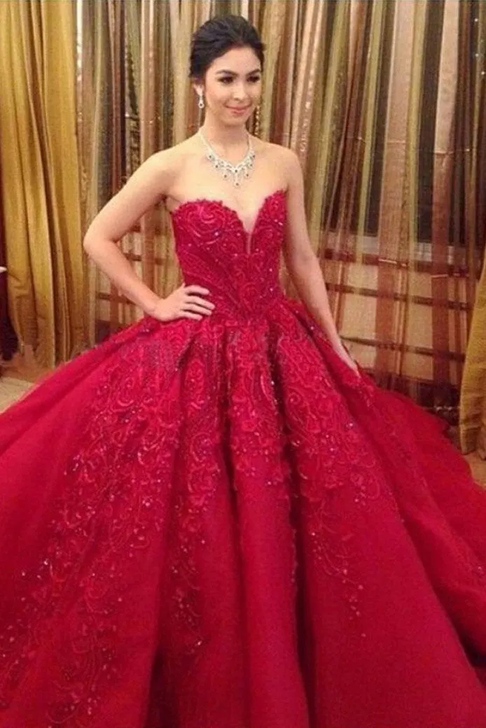 Ball Gown Red Sweetheart Tulle Prom Dress With Appliques Puffy Quinceanera Dress N2079