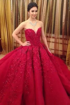 Ball Gown Red Sweetheart Tulle Prom Dress With Appliques Puffy Quinceanera Dress N2079