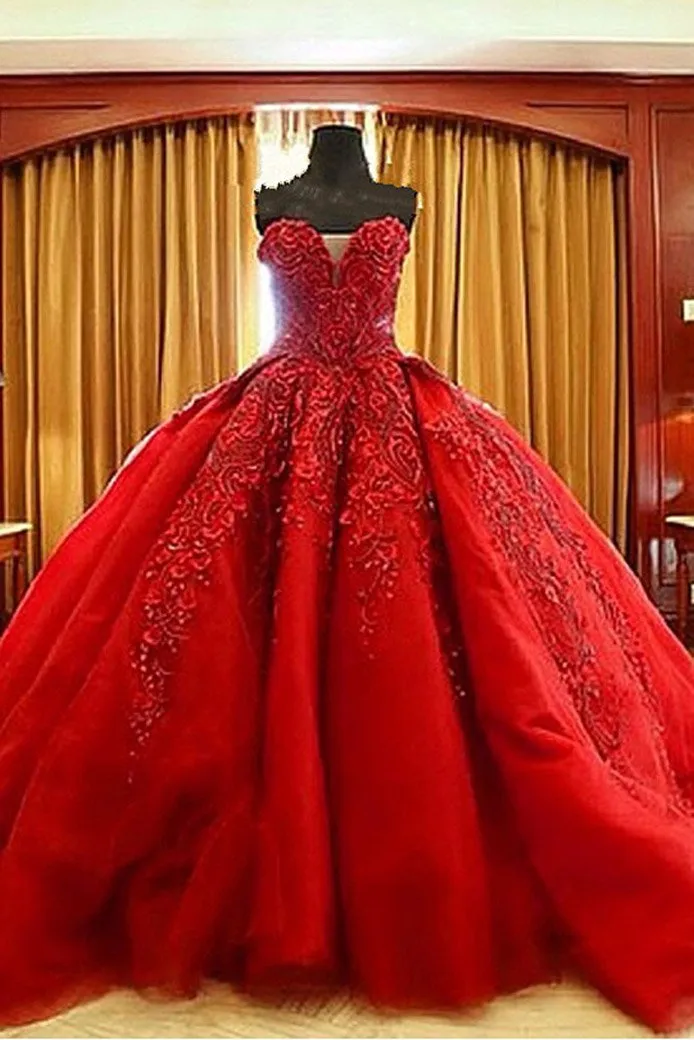 Ball Gown Red Sweetheart Tulle Prom Dress With Appliques Puffy Quinceanera Dress N2079