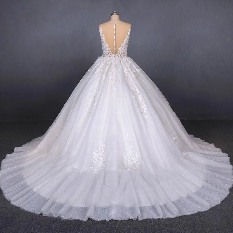 Ball Gown Sheer Neck Sleeveless White Wedding Dress, Lace Appliqued Bridal Dress N2297