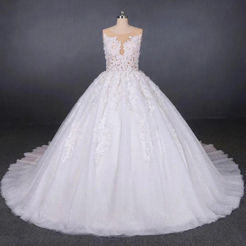Ball Gown Sheer Neck Sleeveless White Wedding Dress, Lace Appliqued Bridal Dress N2297