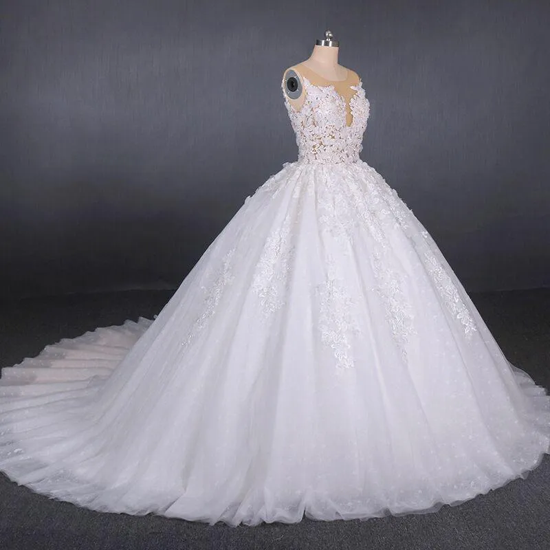 Ball Gown Sheer Neck Sleeveless White Wedding Dress, Lace Appliqued Bridal Dress N2297