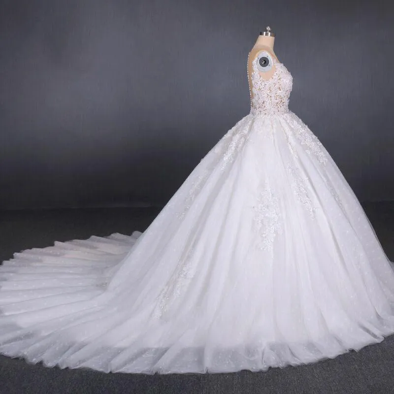 Ball Gown Sheer Neck Sleeveless White Wedding Dress, Lace Appliqued Bridal Dress N2297