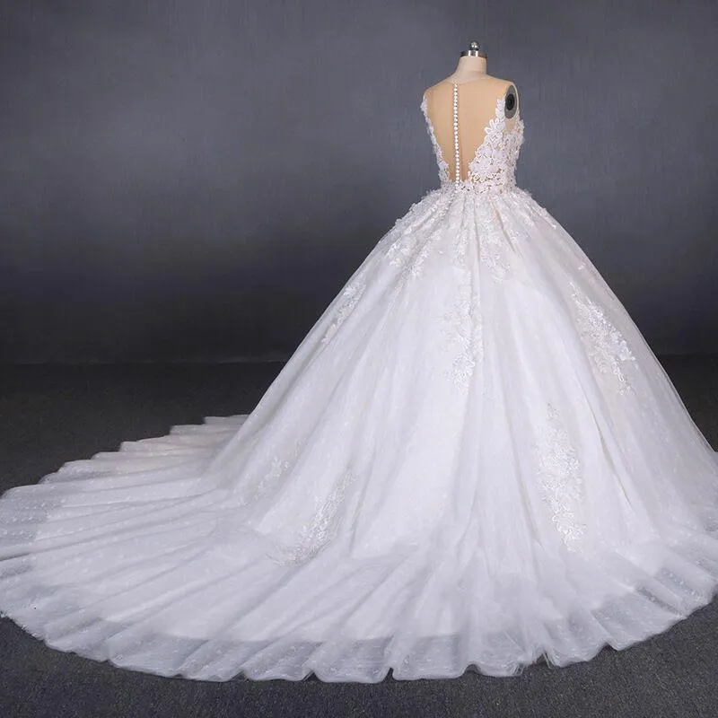 Ball Gown Sheer Neck Sleeveless White Wedding Dress, Lace Appliqued Bridal Dress N2297