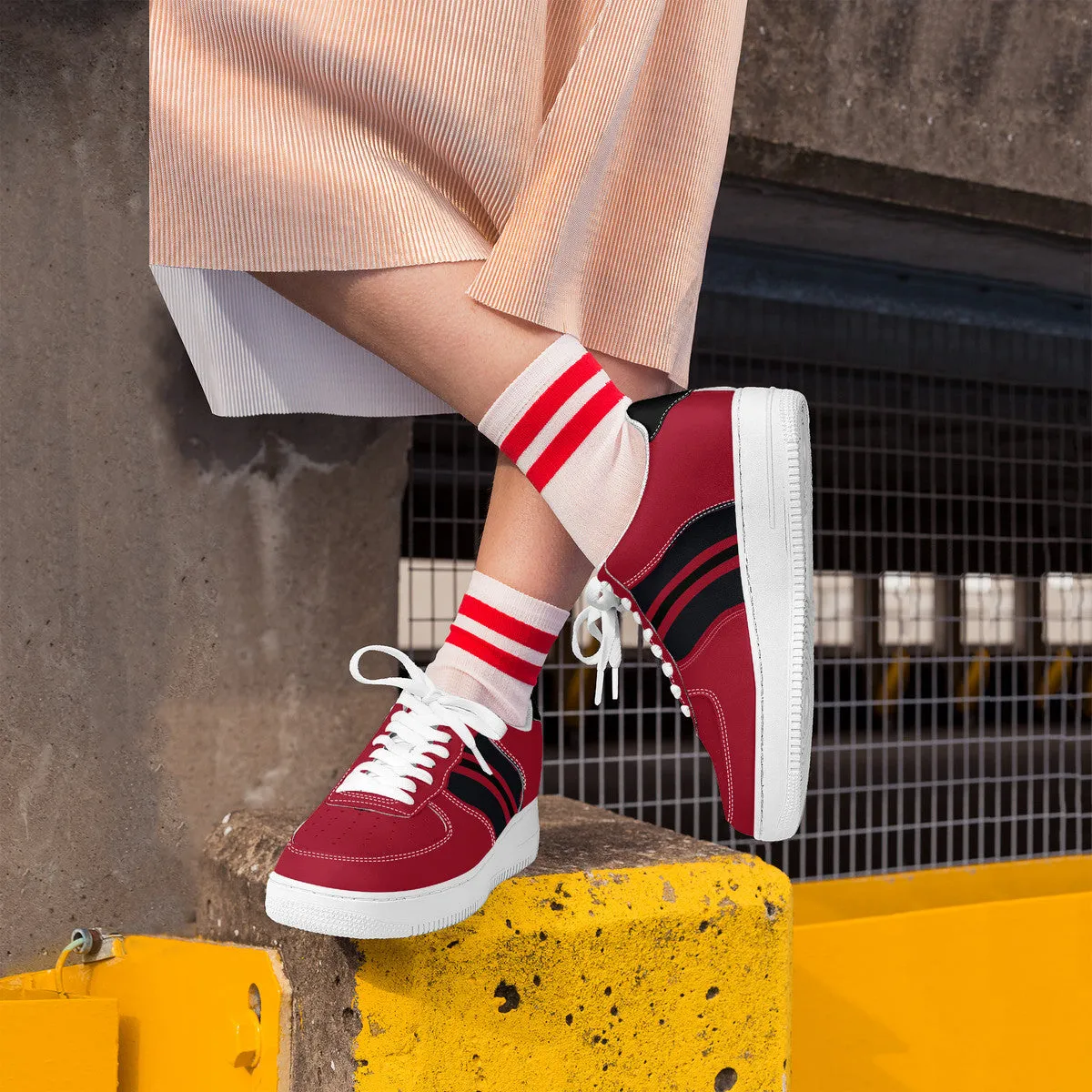 Black and Red with Football Stripes Unisex Air Force Sneakers