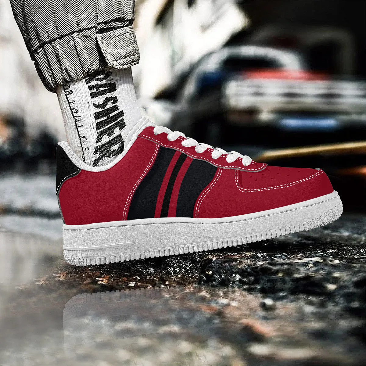 Black and Red with Football Stripes Unisex Air Force Sneakers