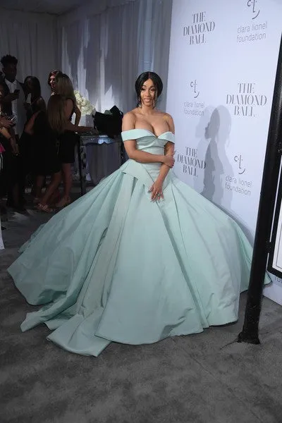 Blue Cardi B Off The Shoulder Dress Satin Prom Celebrity Formal Dress Gown Diamond Ball