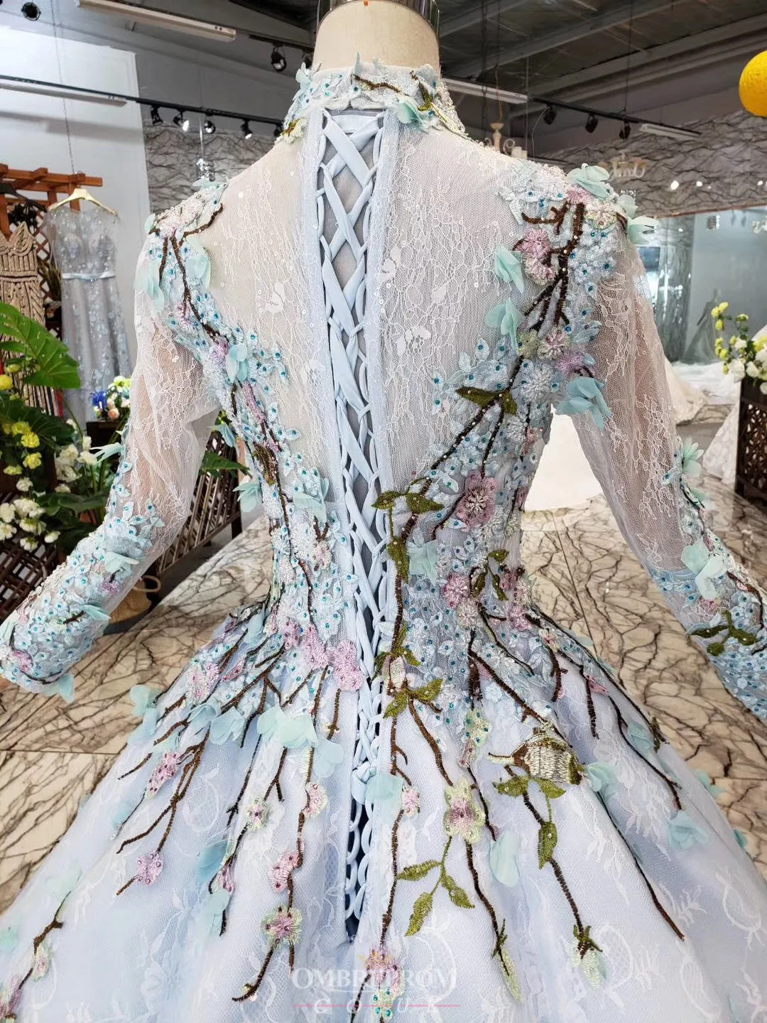 Delicate Lace Long Sleeves Cinderella Wedding Dress with Embroidery Appliques OW410