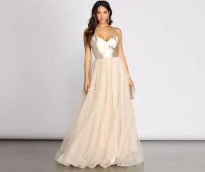 Emily Satin V Neck Tulle Ball Gown