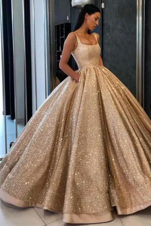 Gold Ball Gown Sequined Long Prom Dresses with Pockets