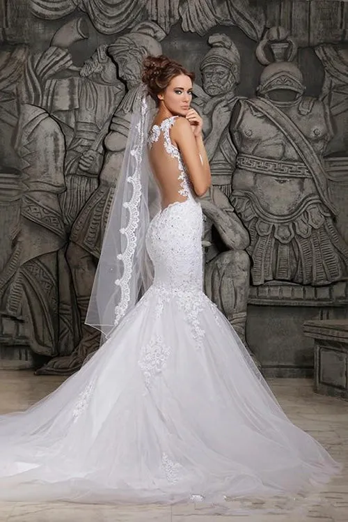 Gorgeous Lace Backless Mermaid Spaghetti Straps Wedding Dresses with Appliques, SW261
