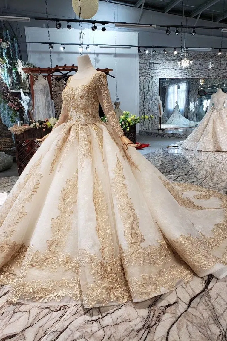 Gorgeous Long Sleeves Palace Wedding Dress, Lace Wedding Dress With Applique&Beads N1652