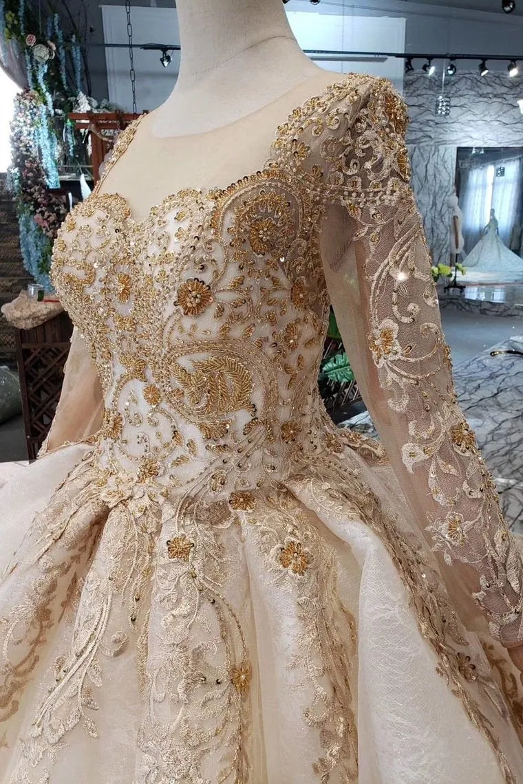 Gorgeous Long Sleeves Palace Wedding Dress, Lace Wedding Dress With Applique&Beads N1652