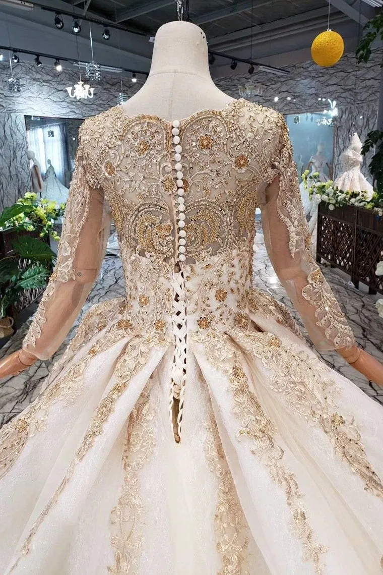 Gorgeous Long Sleeves Palace Wedding Dress, Lace Wedding Dress With Applique&Beads N1652