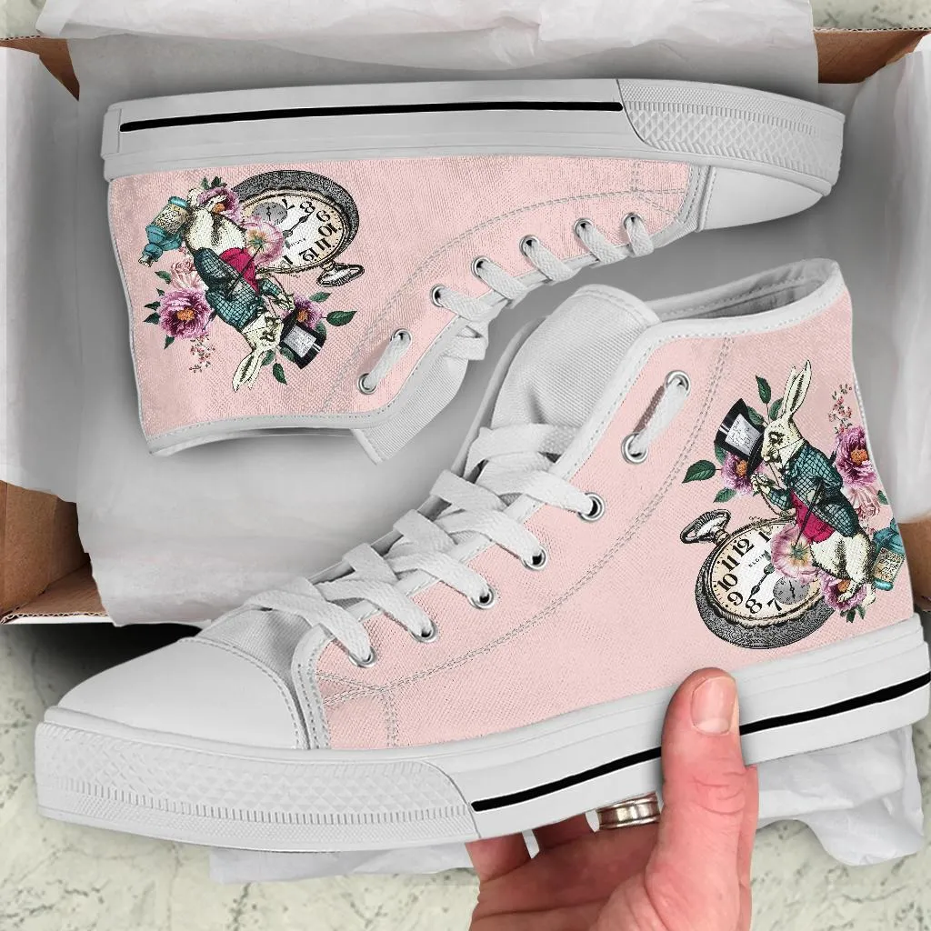 High Top Sneakers - Alice in Wonderland Gifts #43 White/Pink | Birthday Gifts, Gift Idea, Custom Sneakers Women, Custom Women's Sneakers