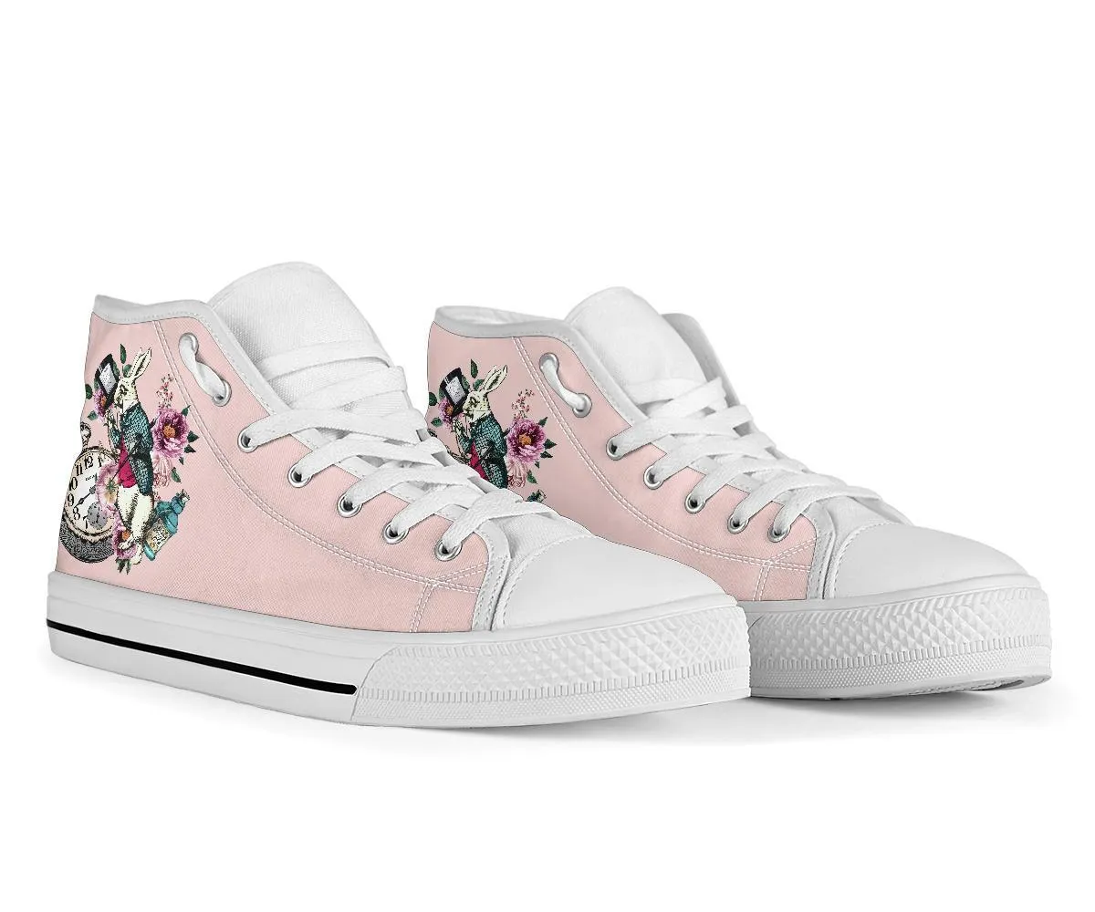 High Top Sneakers - Alice in Wonderland Gifts #43 White/Pink | Birthday Gifts, Gift Idea, Custom Sneakers Women, Custom Women's Sneakers