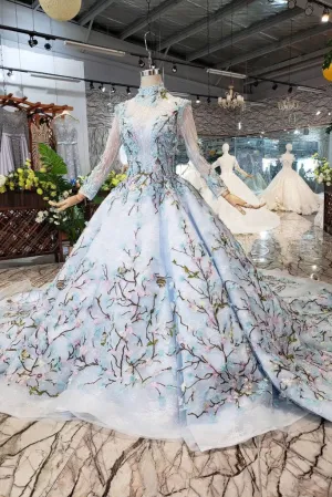 Light Blue Ball Gown Wedding Dresses with Lace Flowers Beading Quinceanera Dresses N1628