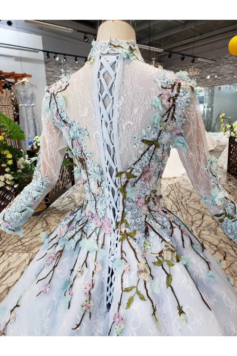 Light Blue Ball Gown Wedding Dresses with Lace Flowers Beading Quinceanera Dresses N1628