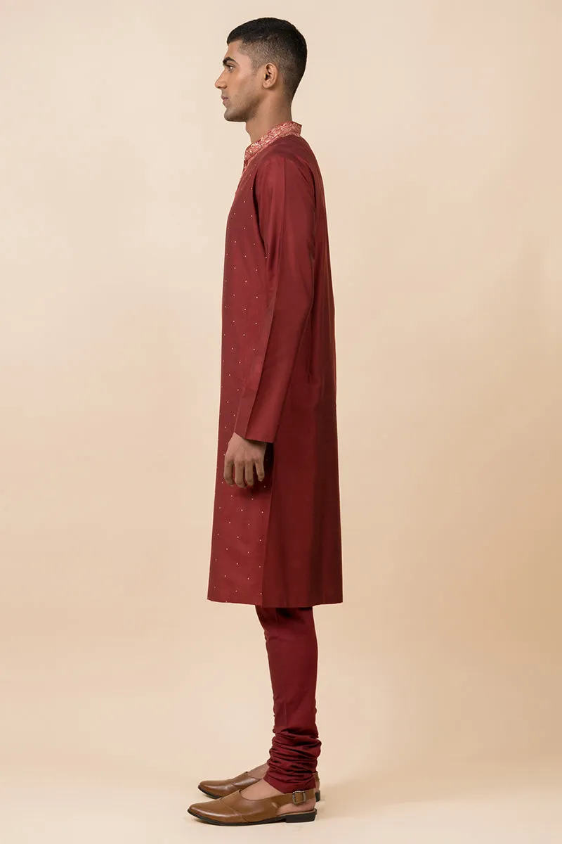 Maroon Kurta Set With Embroidery Around Placket