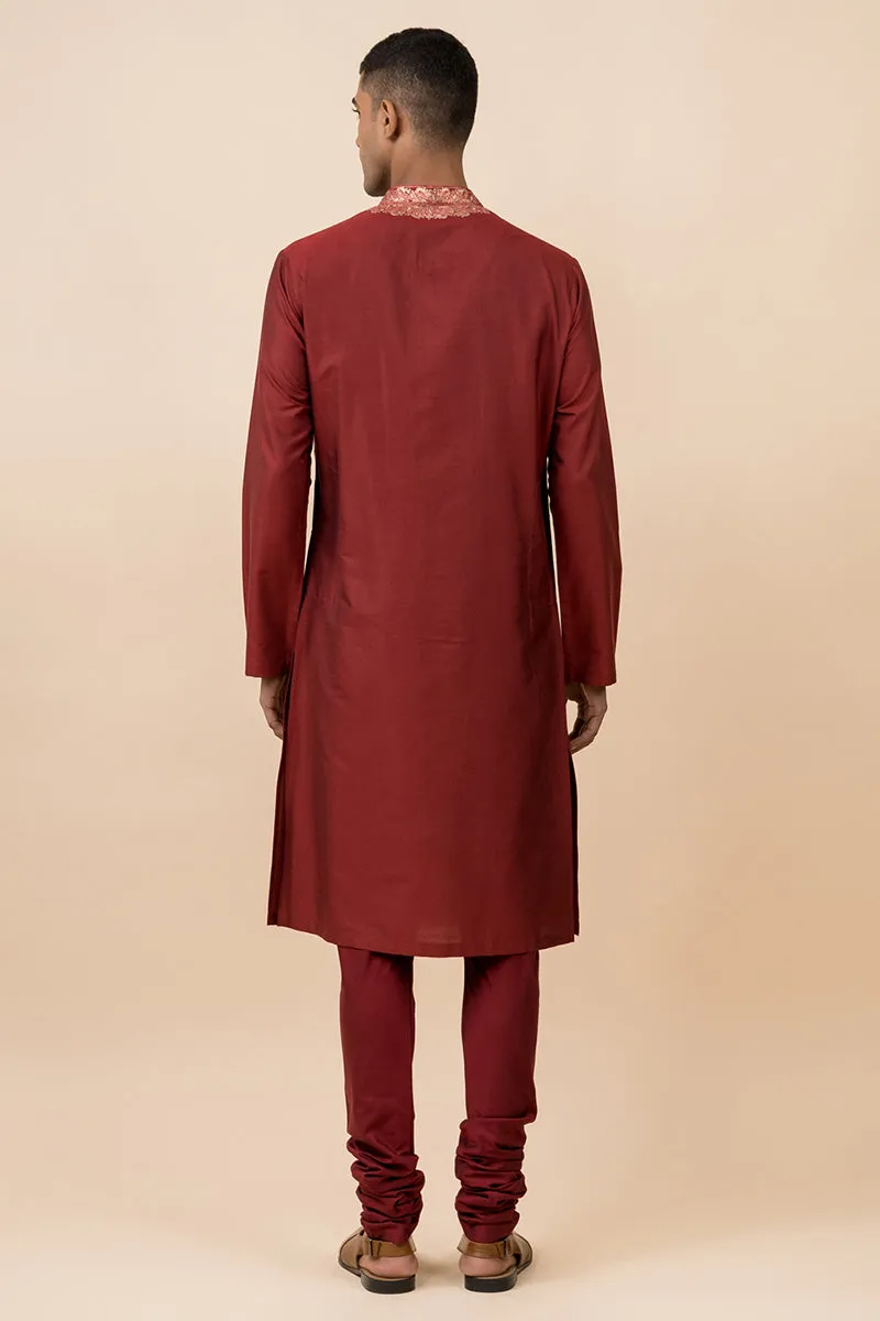 Maroon Kurta Set With Embroidery Around Placket