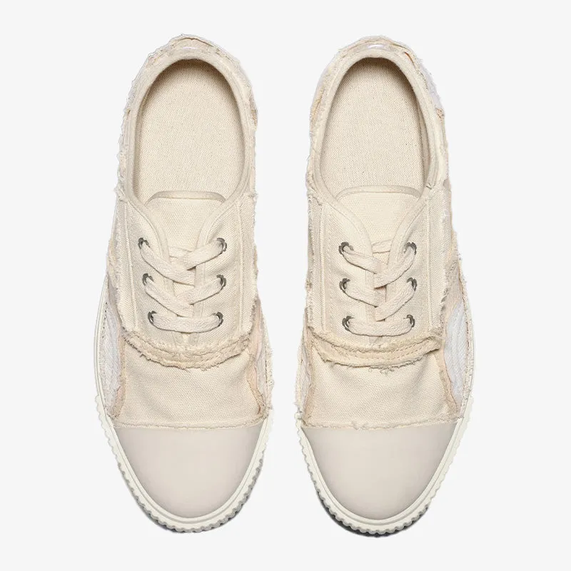 Off White Cotton Canvas Lace-Up Sneakers