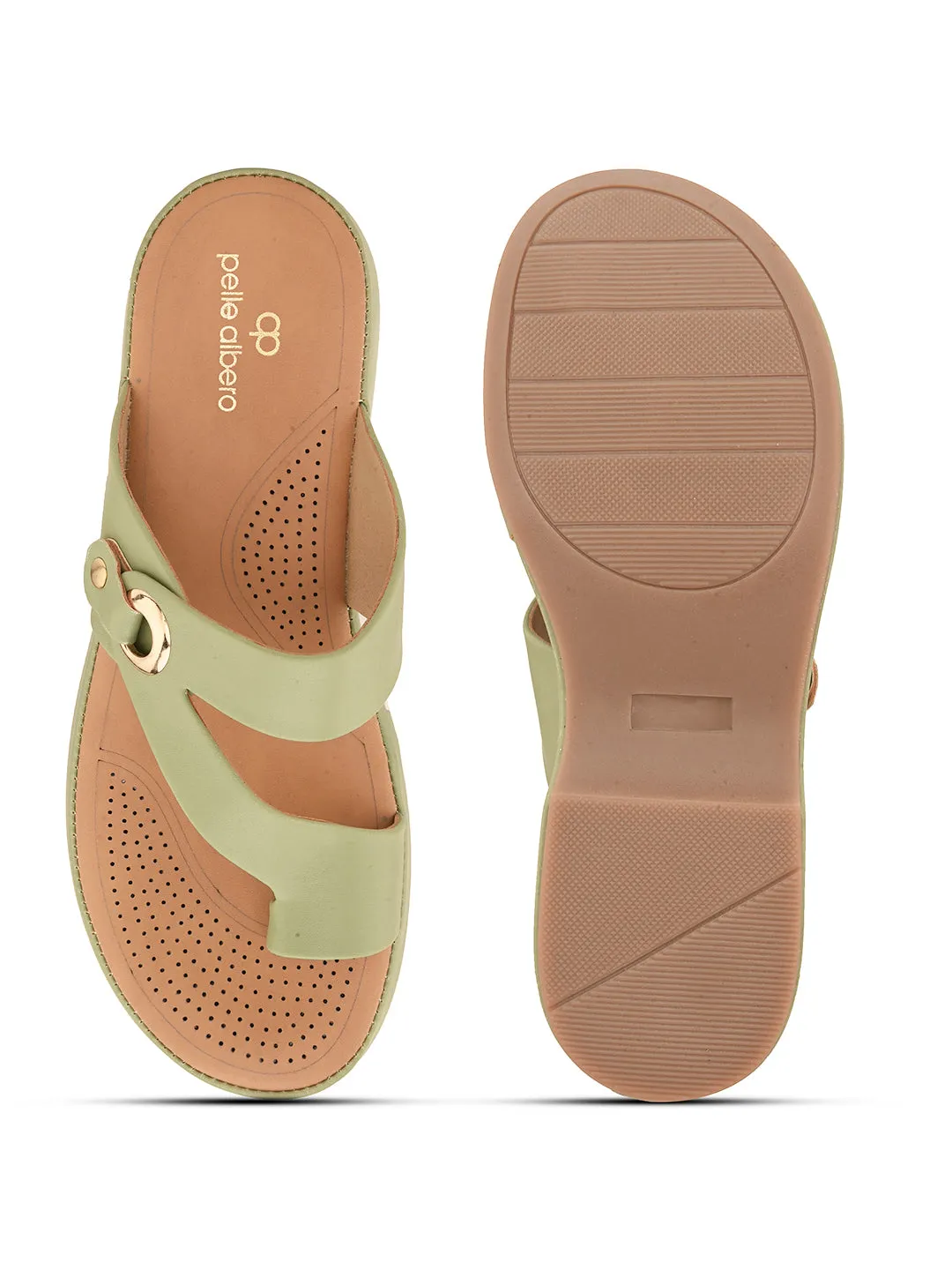 Pelle Albero Green Faux Leather Slip on Extra Padding Comfortable Sandal For Women