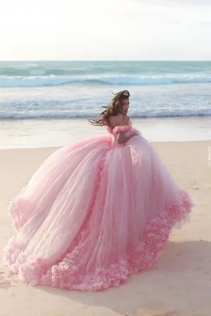 Pink Off the Shoulder Tulle Flower Wedding Dress Ball Gowns Quinceanera Dress N1261
