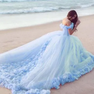 Pink Off the Shoulder Tulle Flower Wedding Dress Ball Gowns Quinceanera Dress N1261