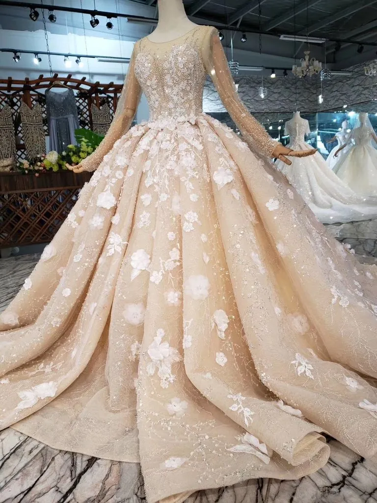 Princess Long Sleeves Ball Gown Wedding Dress, Puffy Wedding Gown With Beads N1630