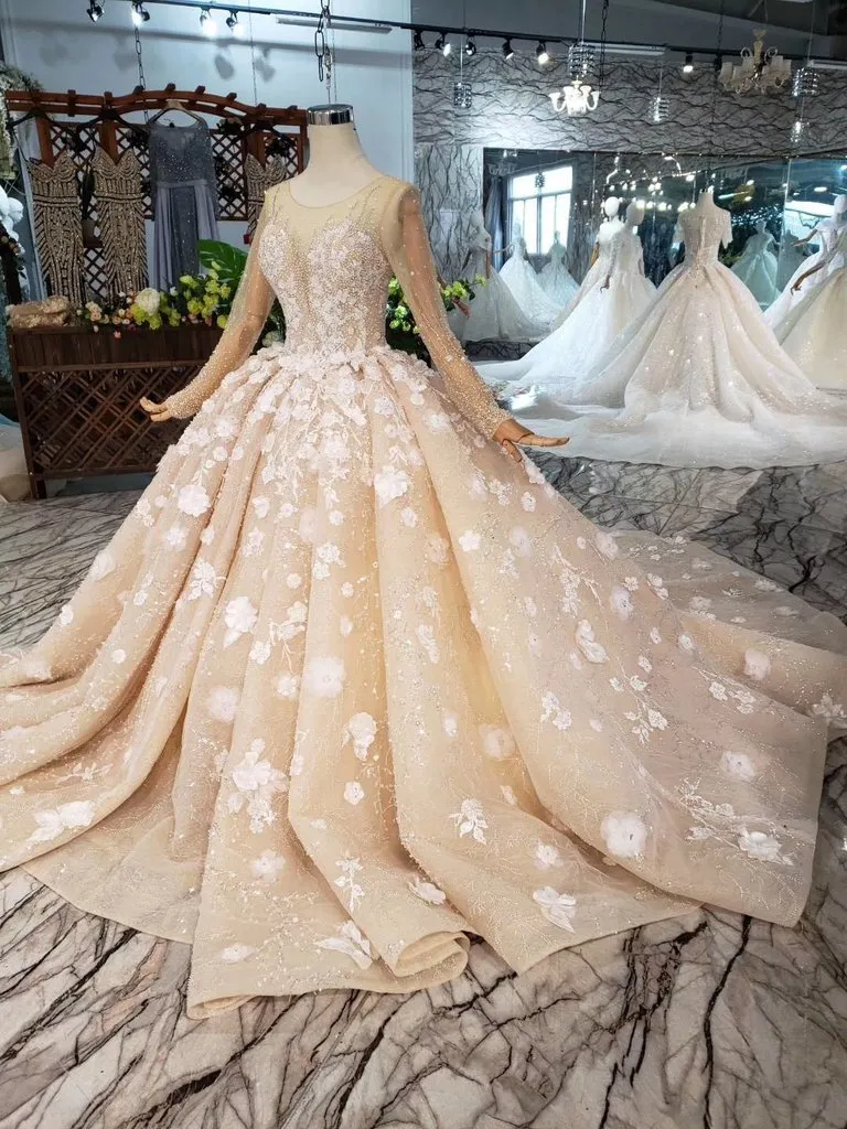 Princess Long Sleeves Ball Gown Wedding Dress, Puffy Wedding Gown With Beads N1630