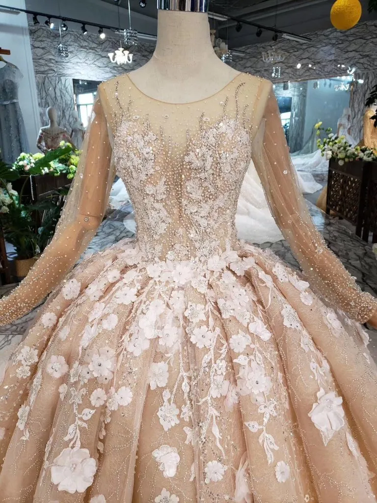 Princess Long Sleeves Ball Gown Wedding Dress, Puffy Wedding Gown With Beads N1630