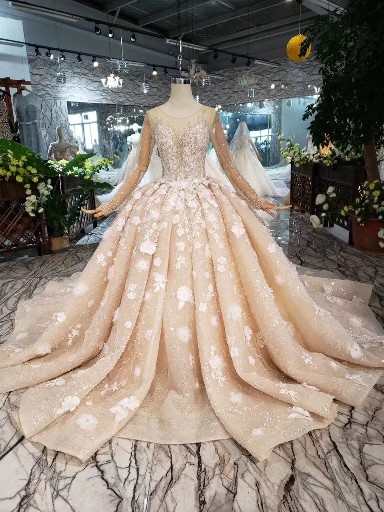 Princess Long Sleeves Ball Gown Wedding Dress, Puffy Wedding Gown With Beads N1630
