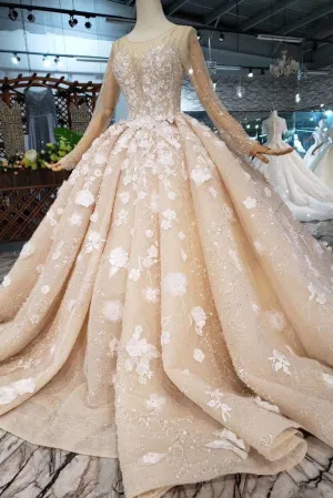 Princess Long Sleeves Ball Gown Wedding Dress, Puffy Wedding Gown With Beads N1630