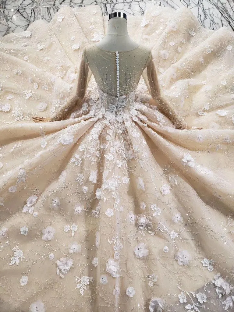 Princess Long Sleeves Ball Gown Wedding Dress, Puffy Wedding Gown With Beads N1630