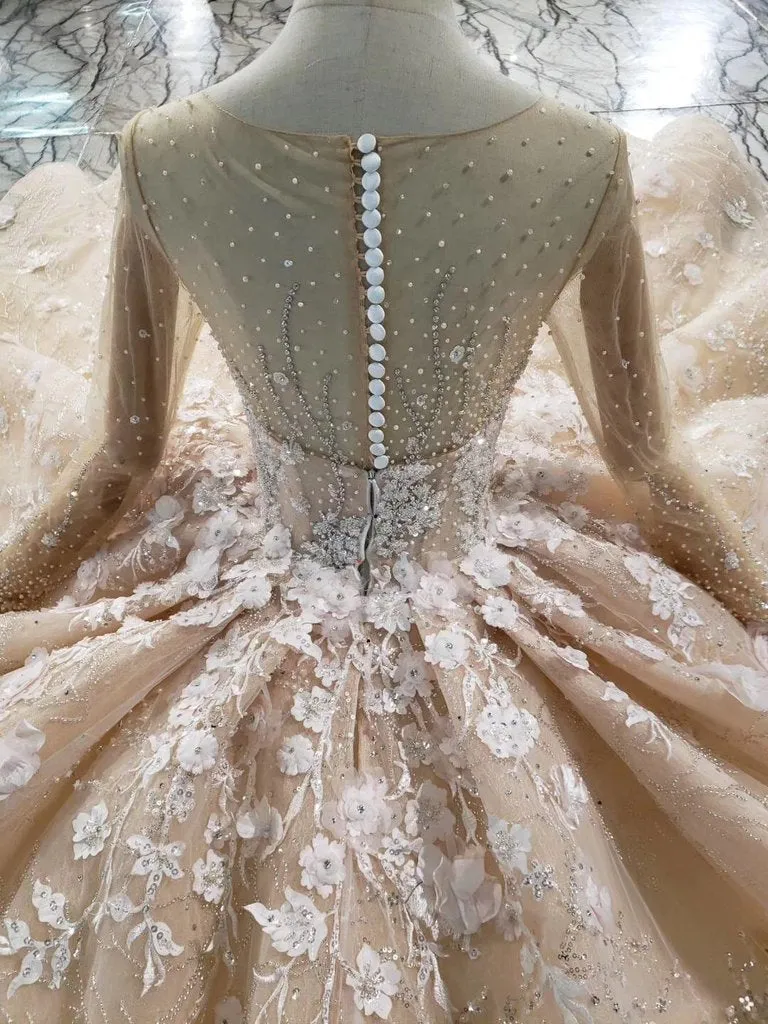 Princess Long Sleeves Ball Gown Wedding Dress, Puffy Wedding Gown With Beads N1630
