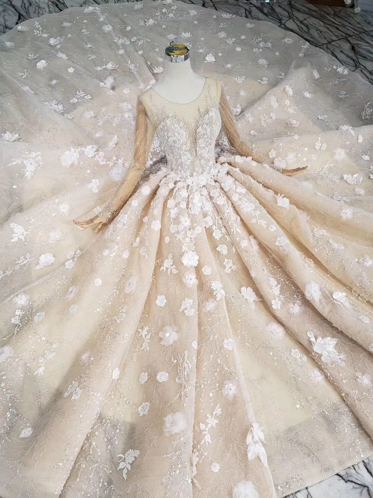 Princess Long Sleeves Ball Gown Wedding Dress, Puffy Wedding Gown With Beads N1630