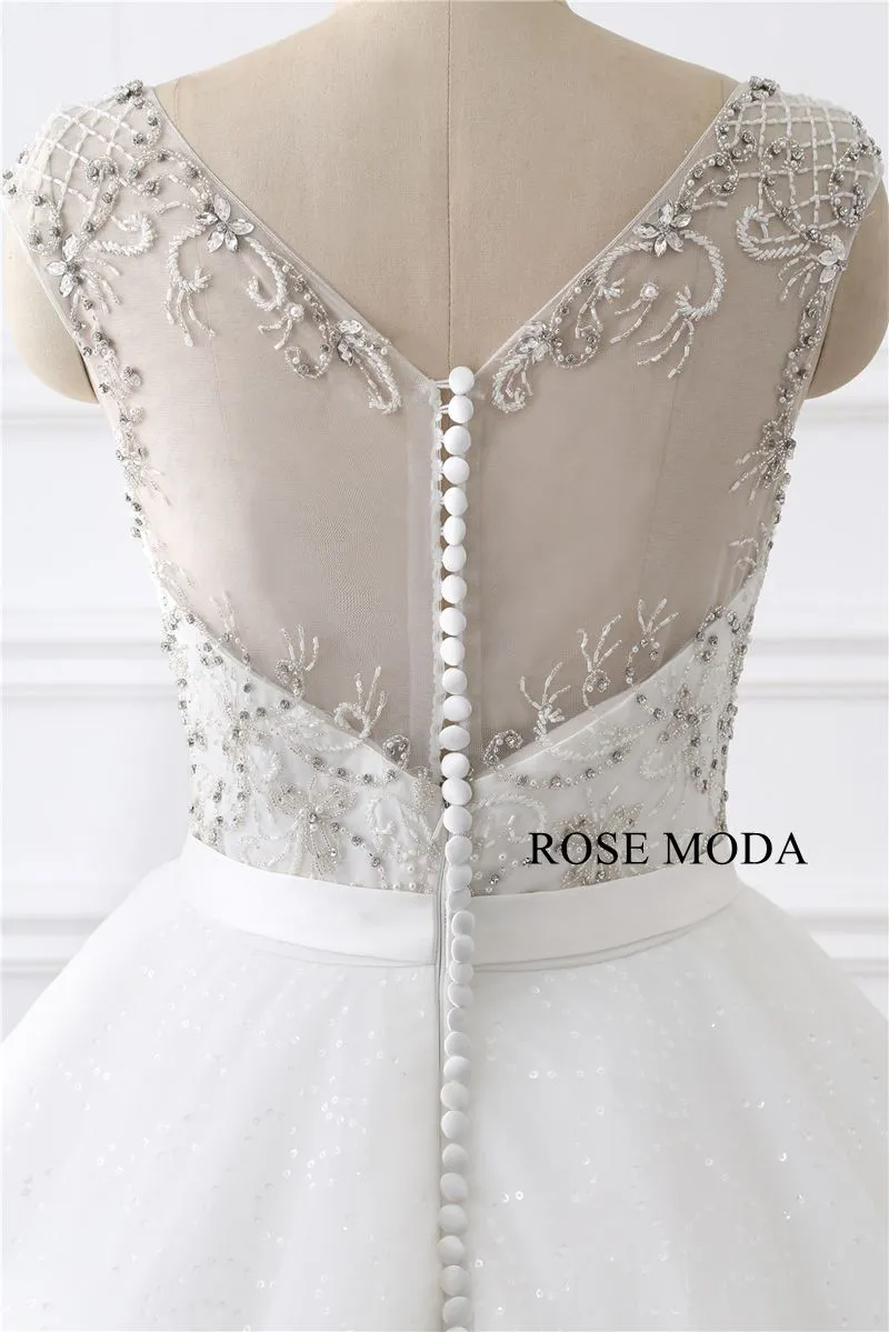 Rosemoda Cap Sleeve Curved V Neckline Beading Ball Gown Wedding Dress
