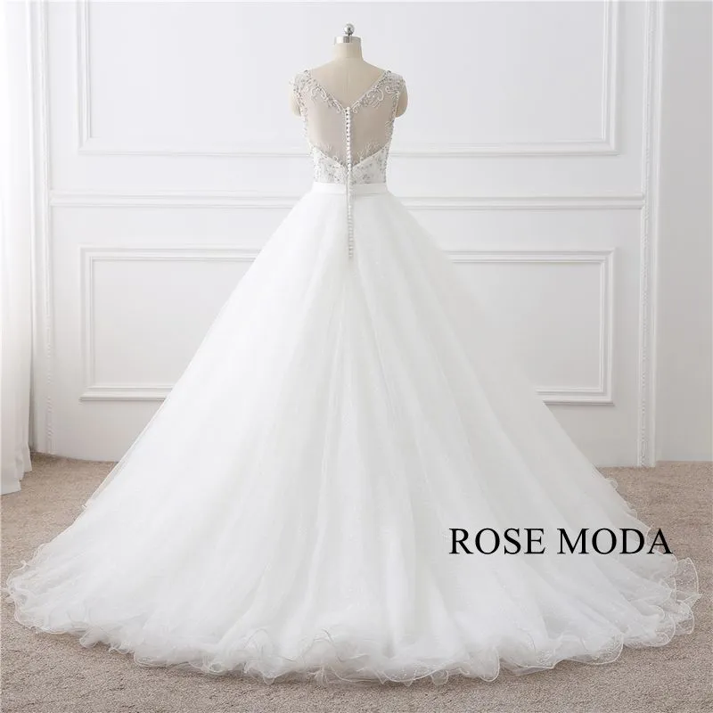 Rosemoda Cap Sleeve Curved V Neckline Beading Ball Gown Wedding Dress