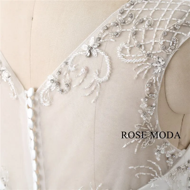 Rosemoda Cap Sleeve Curved V Neckline Beading Ball Gown Wedding Dress